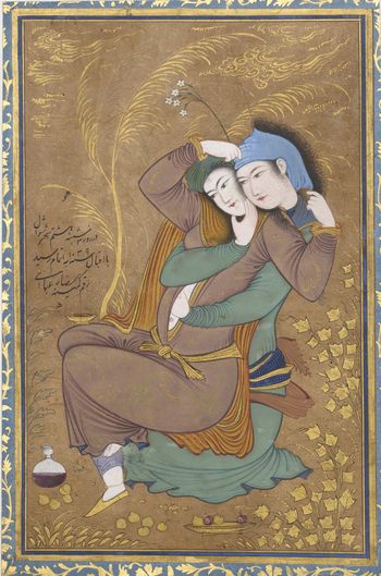 The Lovers, dated Tuesday, 8 Shawwal A.H. 1039/ May 21, 1630 A.D. Artist Riza-yi `Abbasi (ca. 1565–1635). Iran, Isfahan The Lovers, dated Tuesday, 8 Shawwal A.H. 1039/ May 21, 1630 A.D. Artist Riza-yi `Abbasi (ca. 1565–1635). Iran, Isfahan